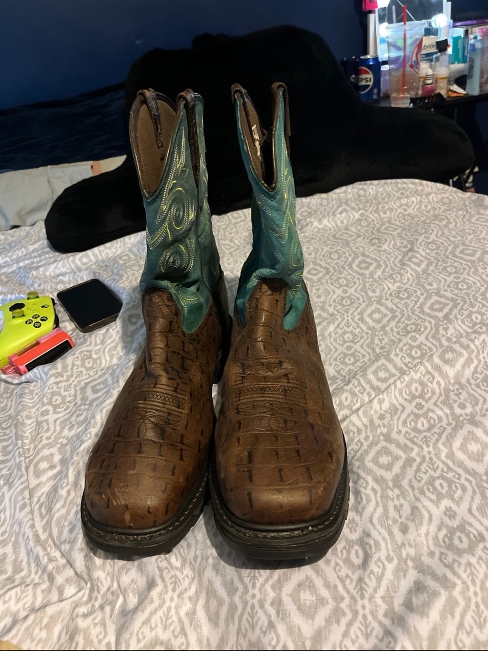 Georgia Boot Brown Croc-Embossed Leather Western Boots with Teal Shaft